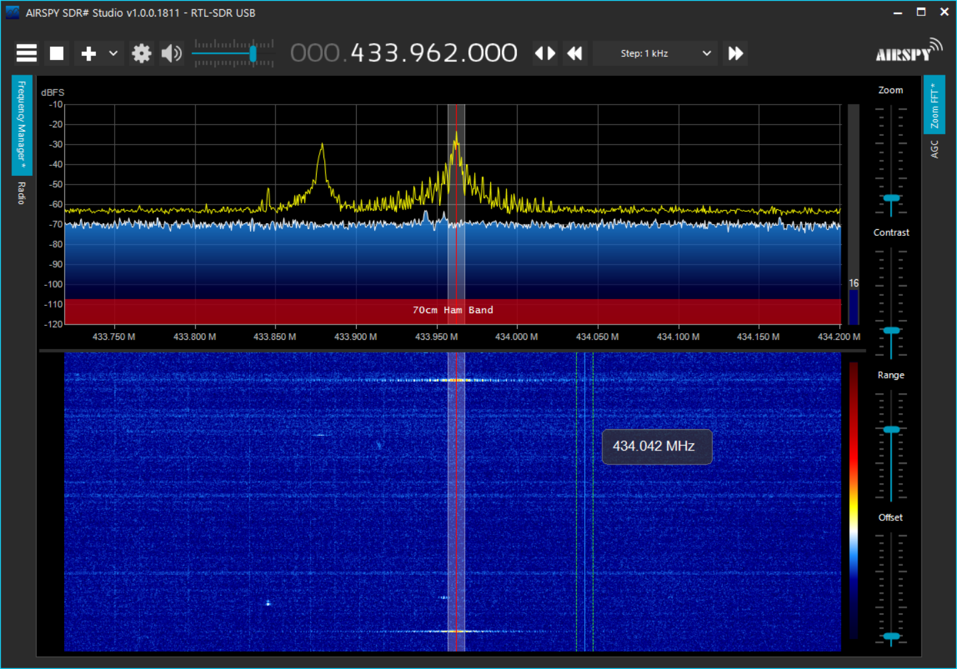 We find a shakey low-powered signal at 433.962 MHz. Importantly, it is recurring signal, every 12-14 seconds!